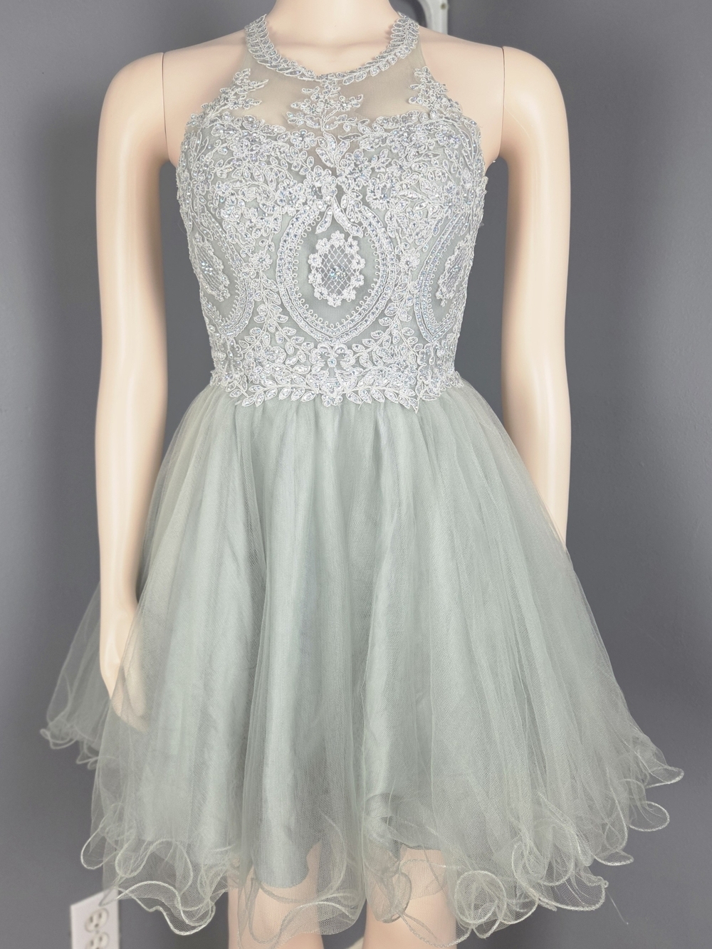 FORYOUDRESS Silver Sequin Trim Satin Dress